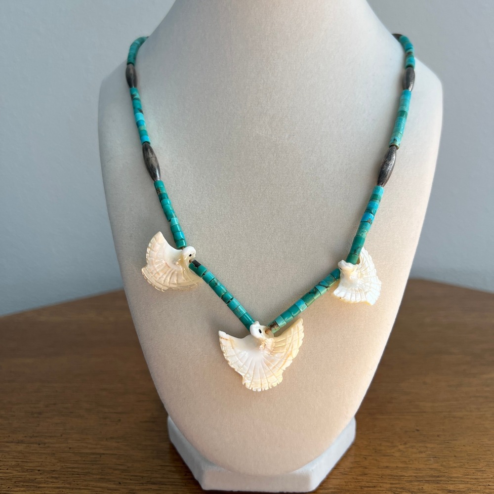 Southwestern Turquoise Heishi Bird Fetish Necklace MOP Shell Eagle Vintage - Picture 2 of 11